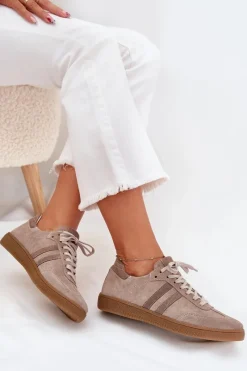 New Zazoo N1068 Zamszowe Niskie Sneakersy Damskie Ciemnobeżowe Beżowy