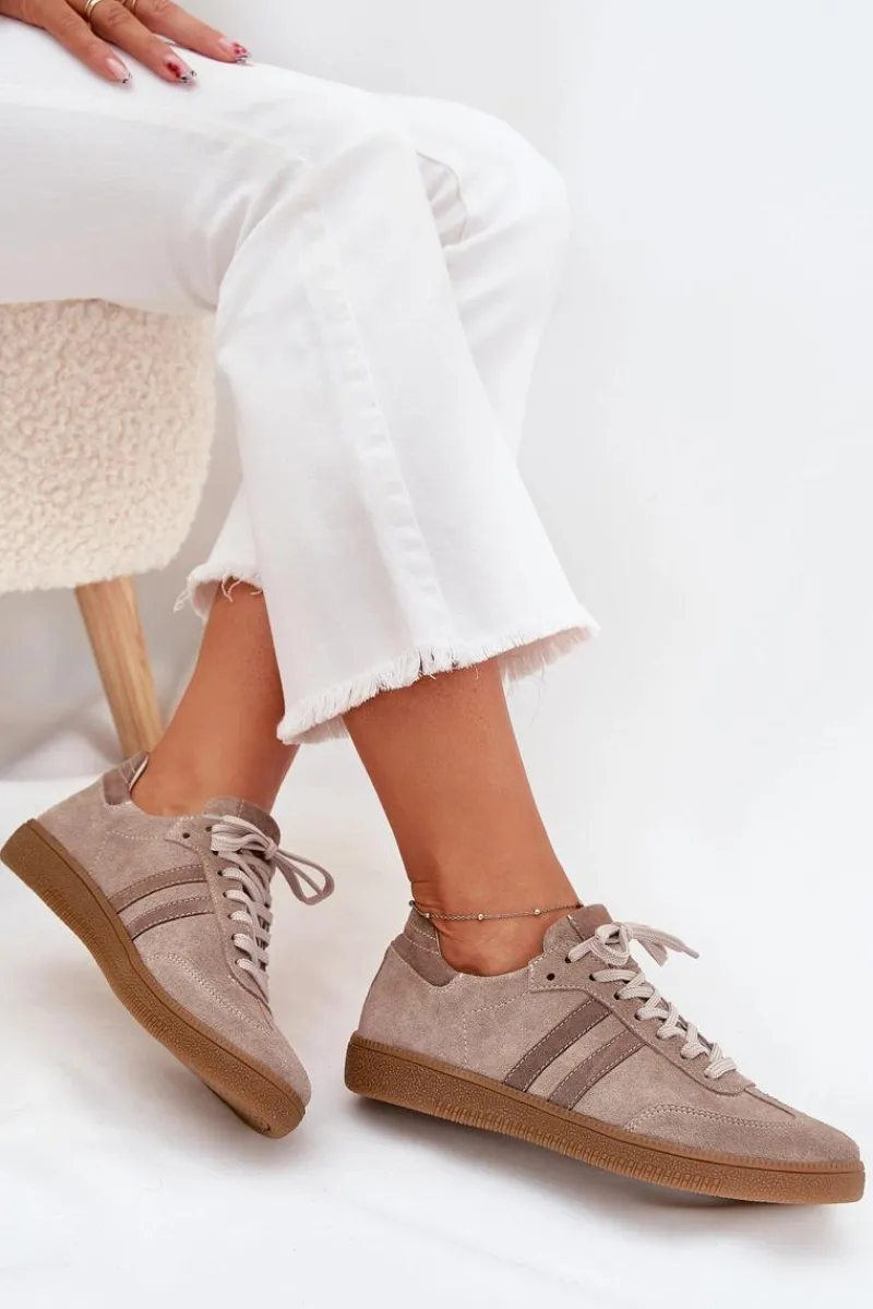 New Zazoo N1068 Zamszowe Niskie Sneakersy Damskie Ciemnobeżowe Beżowy