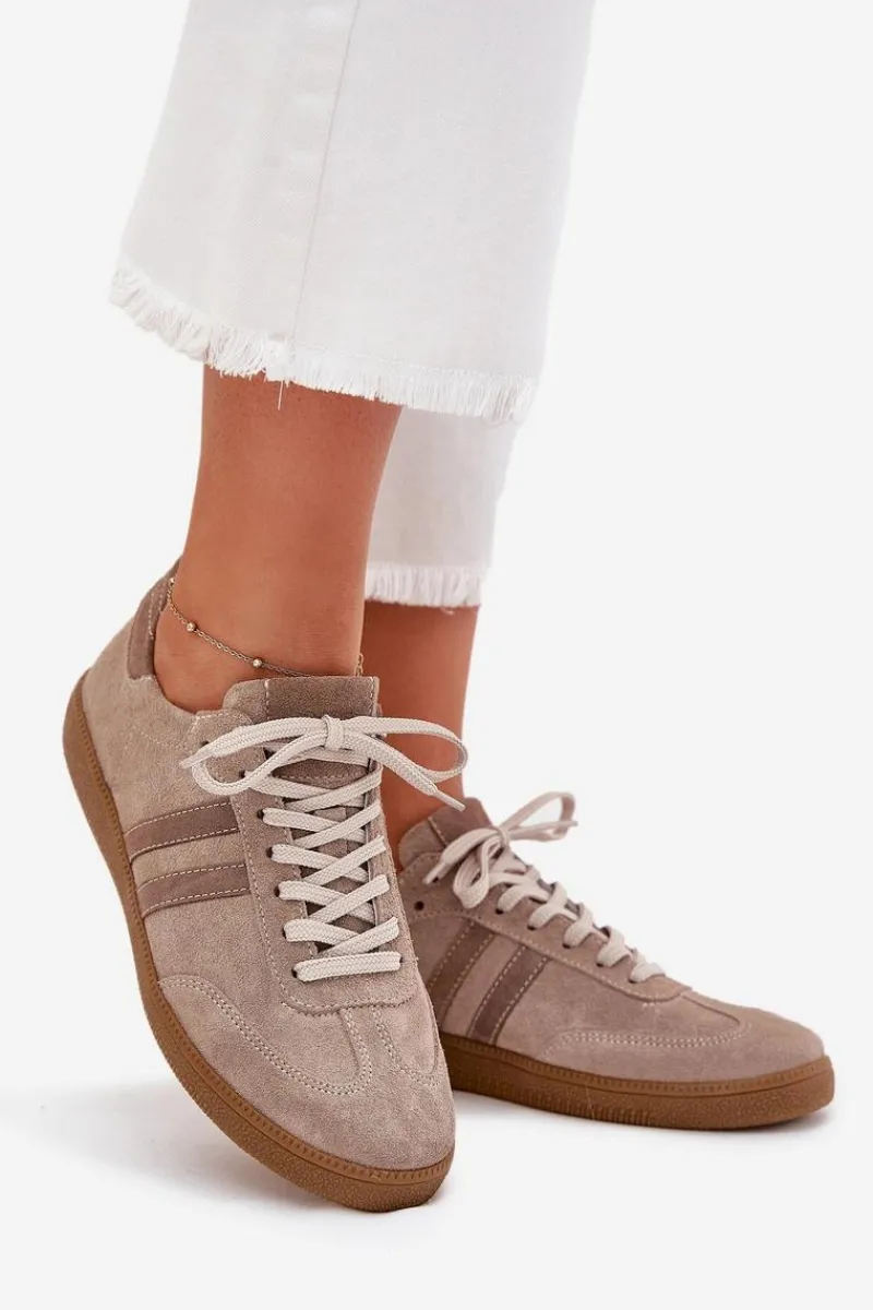 New Zazoo N1068 Zamszowe Niskie Sneakersy Damskie Ciemnobeżowe Beżowy