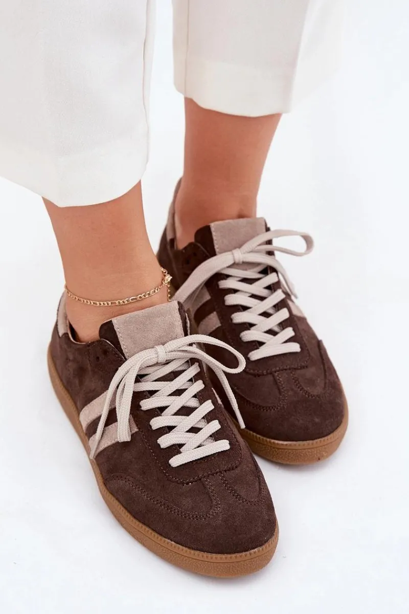 Sneakersy Damskie>Zazoo N1068 Zamszowe Niskie Sneakersy Damskie Czekoladowe Brązowy