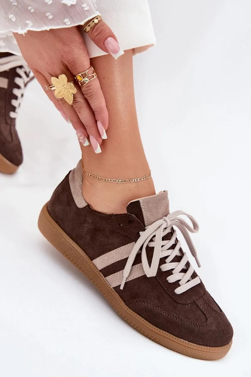 Sneakersy Damskie>Zazoo N1068 Zamszowe Niskie Sneakersy Damskie Czekoladowe Brązowy