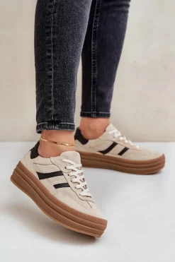 Buty Sportowe Na Platformie>Zazoo N1176 Zamszowe Sneakersy Na Platformie Beżowe Beżowy