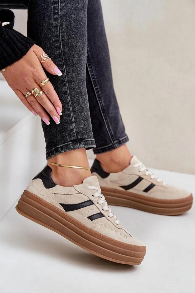 Buty Sportowe Na Platformie>Zazoo N1176 Zamszowe Sneakersy Na Platformie Beżowe Beżowy