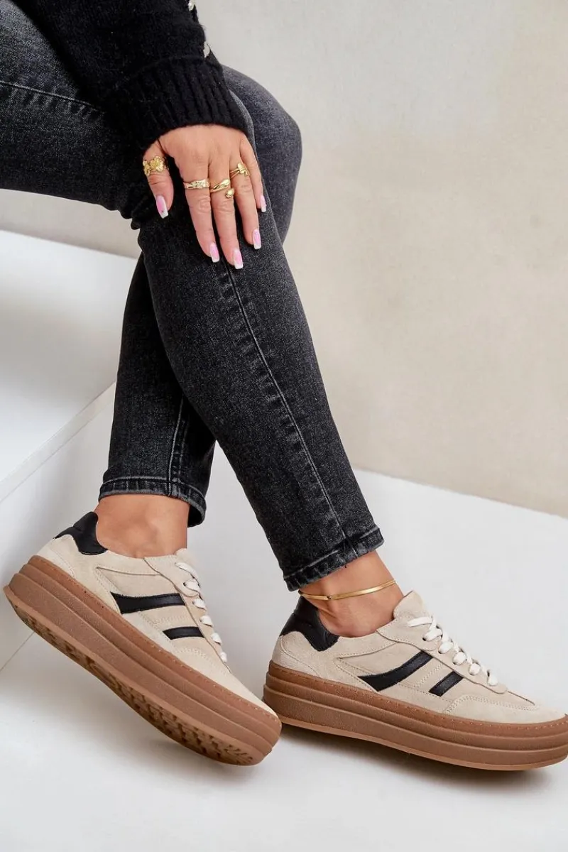 Buty Sportowe Na Platformie>Zazoo N1176 Zamszowe Sneakersy Na Platformie Beżowe Beżowy