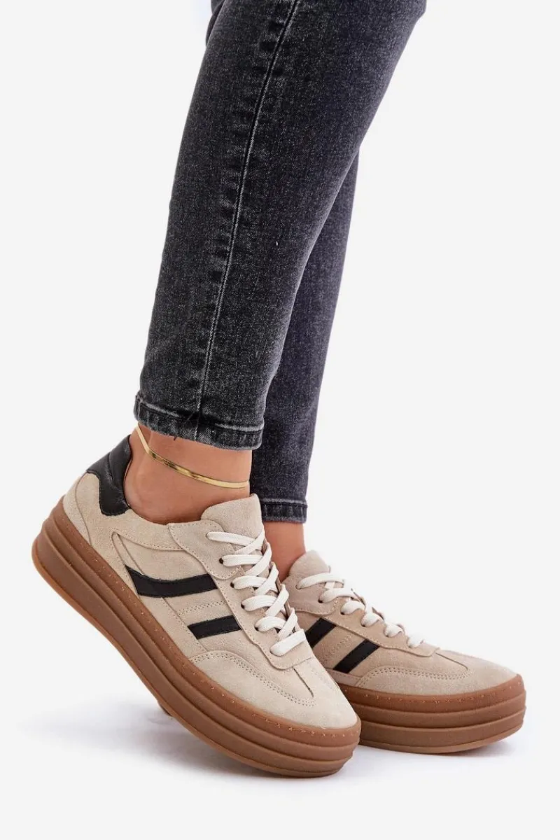 Buty Sportowe Na Platformie>Zazoo N1176 Zamszowe Sneakersy Na Platformie Beżowe Beżowy