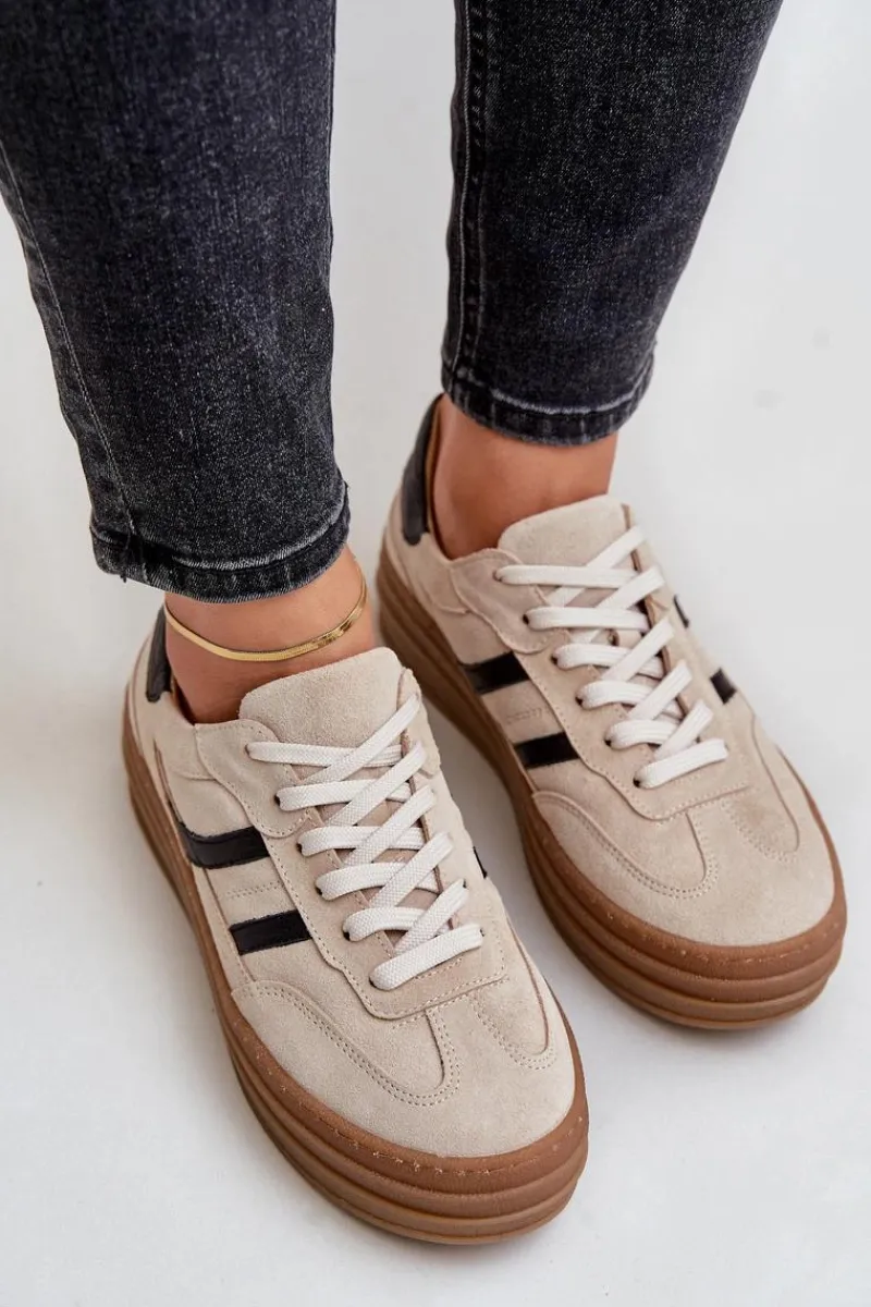 Buty Sportowe Na Platformie>Zazoo N1176 Zamszowe Sneakersy Na Platformie Beżowe Beżowy