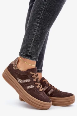 Outlet Zazoo N1176 Zamszowe Sneakersy Na Platformie Panterka Czekoladowe Brązowy