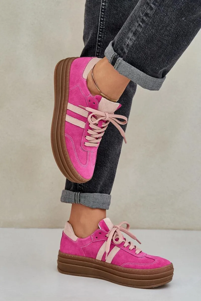 Buty Sportowe Na Platformie>Zazoo N1068S4 Damskie Zamszowe Sneakersy Na Platformie Fuksja Różowy
