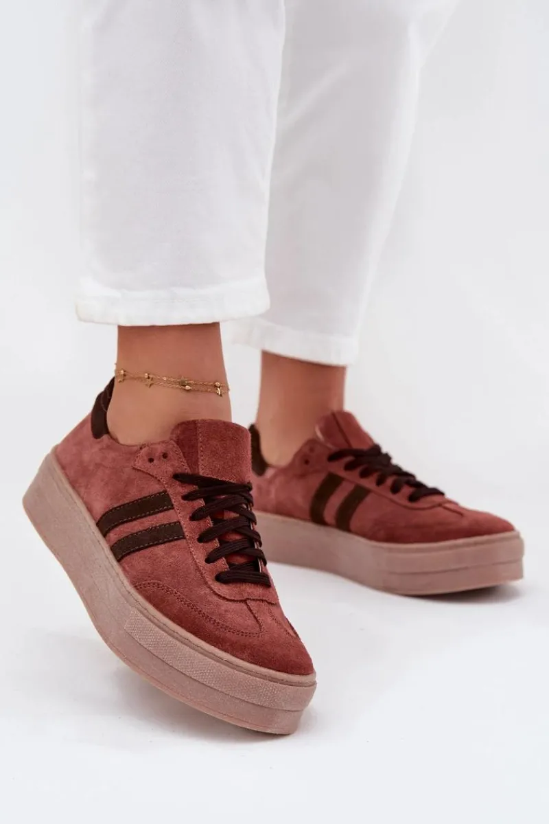 Buty Sportowe Na Platformie>Zazoo N1068S2 Damskie Zamszowe Sneakersy Na Platformie Brązowe