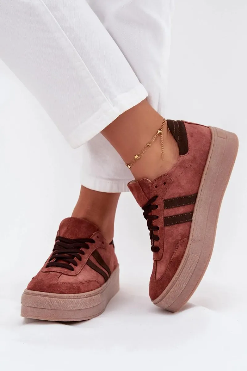 Buty Sportowe Na Platformie>Zazoo N1068S2 Damskie Zamszowe Sneakersy Na Platformie Brązowe