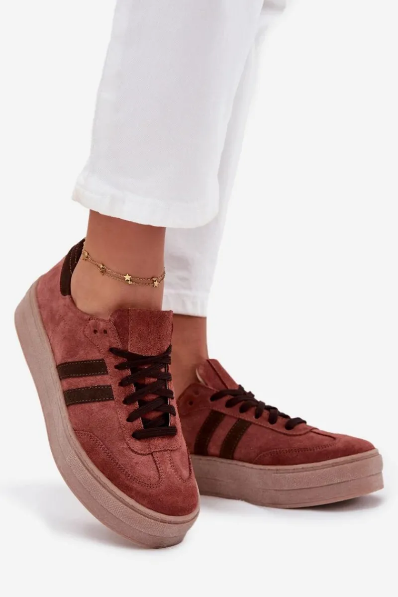 Buty Sportowe Na Platformie>Zazoo N1068S2 Damskie Zamszowe Sneakersy Na Platformie Brązowe