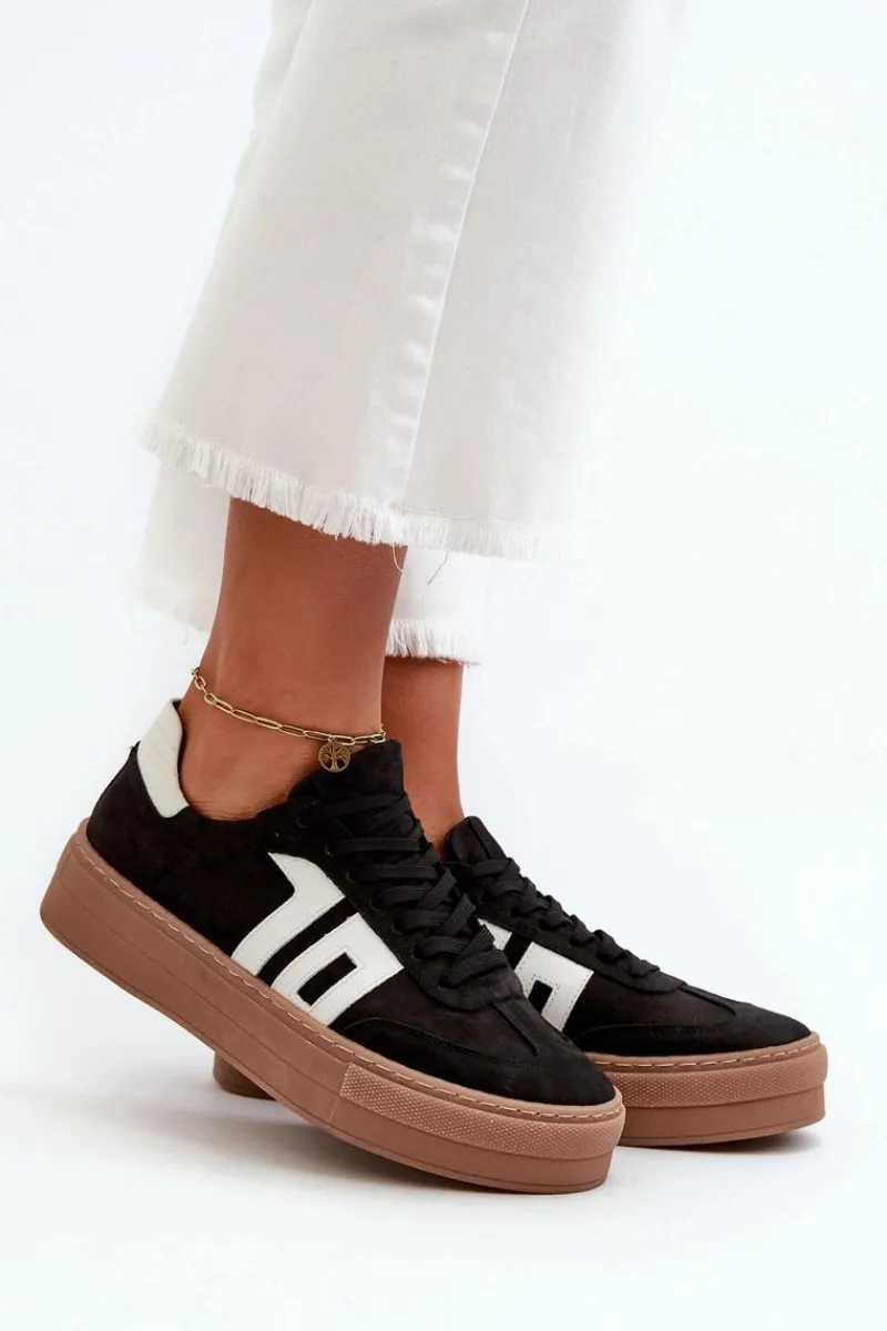 New Zazoo N1095S2 Sneakersy Skórzane Damskie Na Platformie Czarne