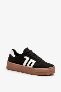 New Zazoo N1095S2 Sneakersy Skórzane Damskie Na Platformie Czarne