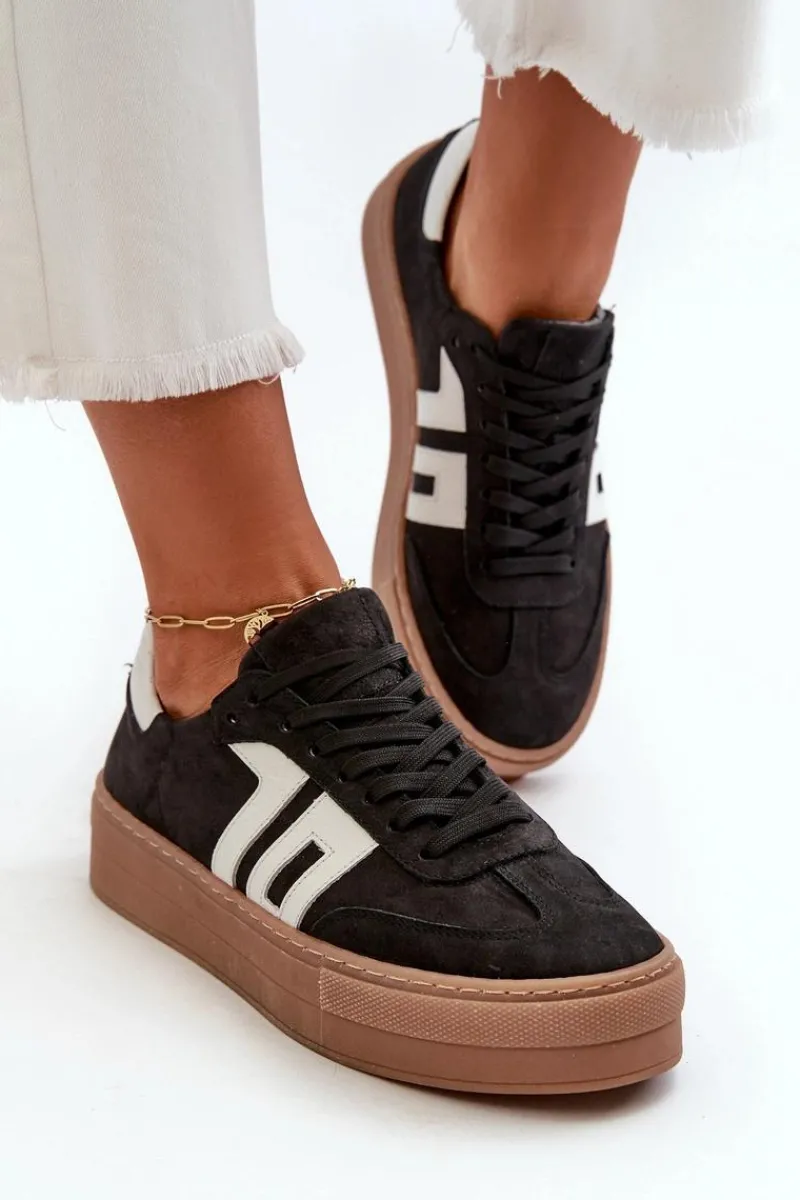 New Zazoo N1095S2 Sneakersy Skórzane Damskie Na Platformie Czarne