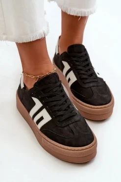 New Zazoo N1095S2 Sneakersy Skórzane Damskie Na Platformie Czarne