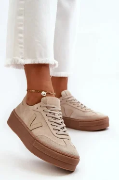 Buty Sportowe Na Platformie>Zazoo N1100S2 Sneakersy Zamszowe Damskie Na Platformie Beżowe