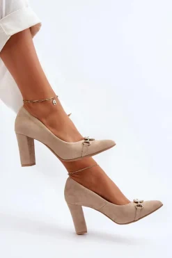 Sale 2453/OS Zamszowe Czółenka Na Słupku Z Sercem Cappuccino Damskie Czółenka Na Słupku|Czółenka Klasyczne