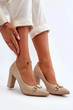 Sale 2453/OS Zamszowe Czółenka Na Słupku Z Sercem Cappuccino Damskie Czółenka Na Słupku|Czółenka Klasyczne