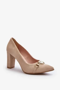 Sale 2453/OS Zamszowe Czółenka Na Słupku Z Sercem Cappuccino Damskie Czółenka Na Słupku|Czółenka Klasyczne