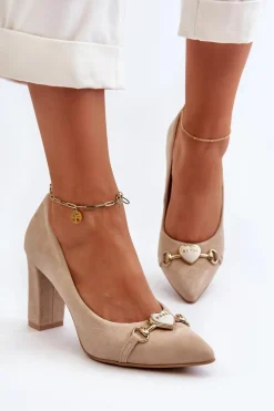 Sale 2453/OS Zamszowe Czółenka Na Słupku Z Sercem Cappuccino Damskie Czółenka Na Słupku|Czółenka Klasyczne