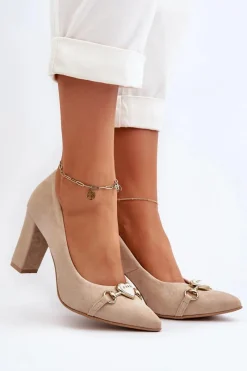 Sale 2453/OS Zamszowe Czółenka Na Słupku Z Sercem Cappuccino Damskie Czółenka Na Słupku|Czółenka Klasyczne