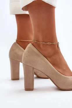 Sale 2453/OS Zamszowe Czółenka Na Słupku Z Sercem Cappuccino Damskie Czółenka Na Słupku|Czółenka Klasyczne