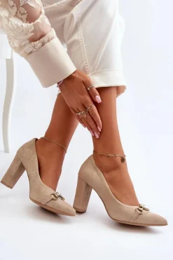 Sale 2453/OS Zamszowe Czółenka Na Słupku Z Sercem Cappuccino Damskie Czółenka Na Słupku|Czółenka Klasyczne