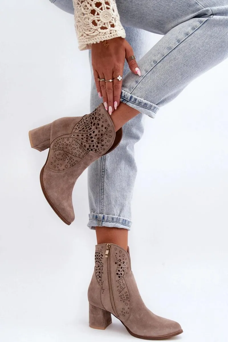3166/P Damskie Ażurowe Botki Na Obcasie Zamszowe Beżowe Damskie Botki Wiosenne|Botki Na Słupku