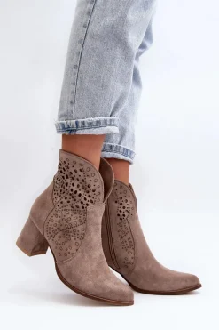 3166/P Damskie Ażurowe Botki Na Obcasie Zamszowe Beżowe Damskie Botki Wiosenne|Botki Na Słupku