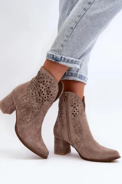 3166/P Damskie Ażurowe Botki Na Obcasie Zamszowe Beżowe Damskie Botki Wiosenne|Botki Na Słupku