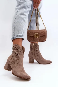 3166/P Damskie Ażurowe Botki Na Obcasie Zamszowe Beżowe Damskie Botki Wiosenne|Botki Na Słupku