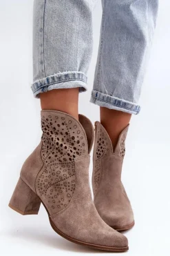 3166/P Damskie Ażurowe Botki Na Obcasie Zamszowe Beżowe Damskie Botki Wiosenne|Botki Na Słupku