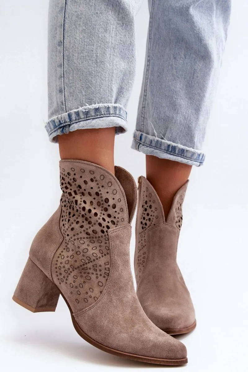 3166/P Damskie Ażurowe Botki Na Obcasie Zamszowe Beżowe Damskie Botki Wiosenne|Botki Na Słupku