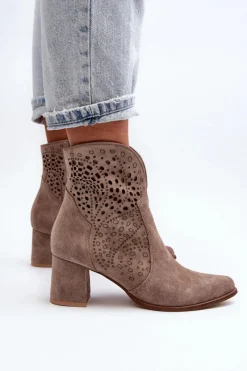 3166/P Damskie Ażurowe Botki Na Obcasie Zamszowe Beżowe Damskie Botki Wiosenne|Botki Na Słupku