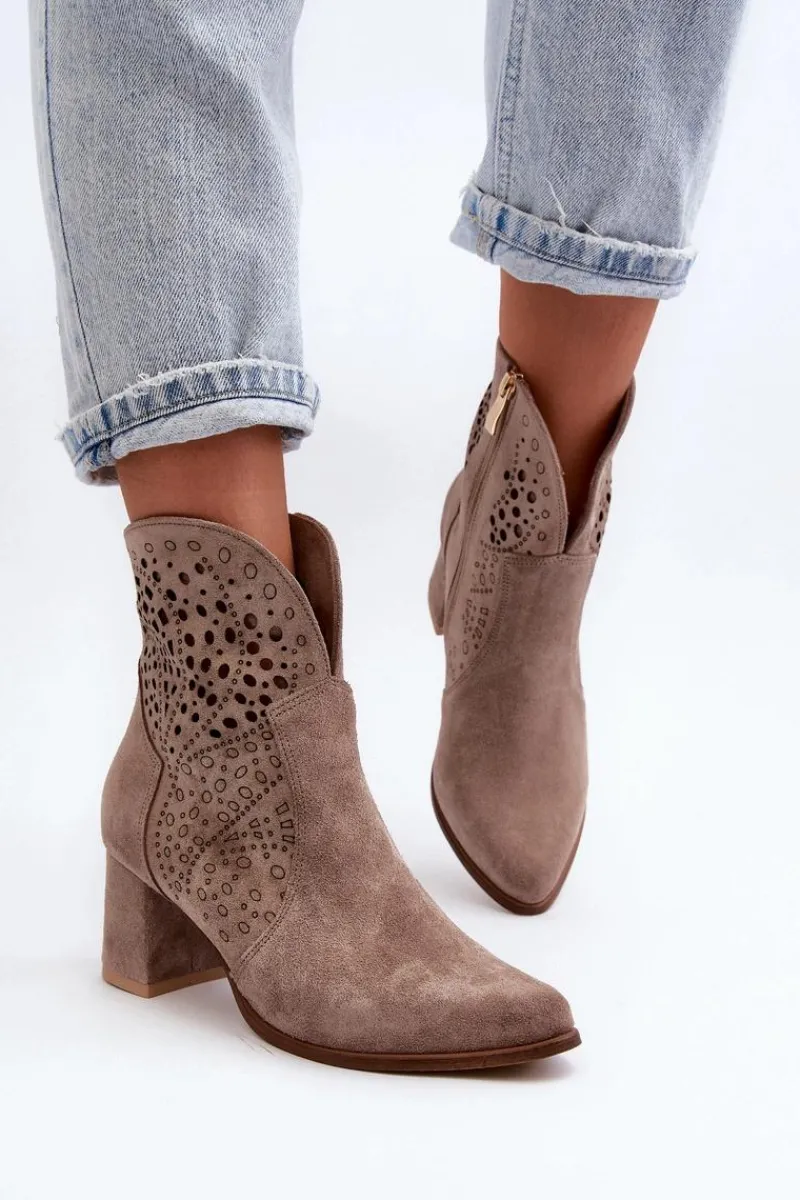 3166/P Damskie Ażurowe Botki Na Obcasie Zamszowe Beżowe Damskie Botki Wiosenne|Botki Na Słupku