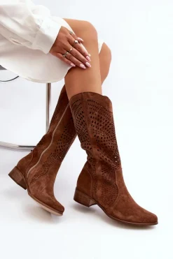 Best 3305/P Zamszowe Kozaki Do Połowy Łydki Ażurowe Brązowe Damskie Kozaki Wiosenne|Kozaki Ażurowe
