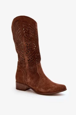 Best 3305/P Zamszowe Kozaki Do Połowy Łydki Ażurowe Brązowe Damskie Kozaki Wiosenne|Kozaki Ażurowe