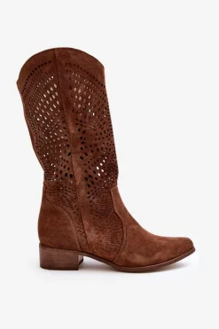 Best 3305/P Zamszowe Kozaki Do Połowy Łydki Ażurowe Brązowe Damskie Kozaki Wiosenne|Kozaki Ażurowe