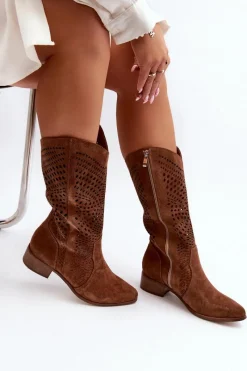 Best 3305/P Zamszowe Kozaki Do Połowy Łydki Ażurowe Brązowe Damskie Kozaki Wiosenne|Kozaki Ażurowe