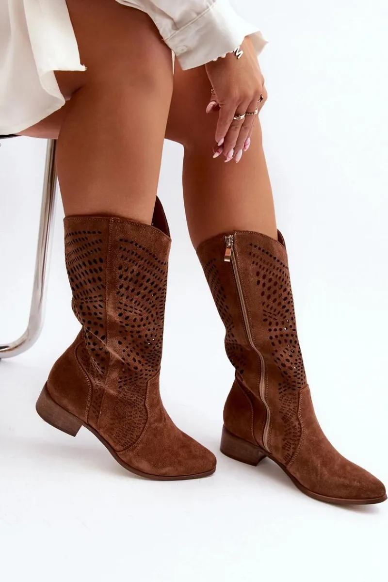 Best 3305/P Zamszowe Kozaki Do Połowy Łydki Ażurowe Brązowe Damskie Kozaki Wiosenne|Kozaki Ażurowe