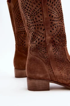 Best 3305/P Zamszowe Kozaki Do Połowy Łydki Ażurowe Brązowe Damskie Kozaki Wiosenne|Kozaki Ażurowe