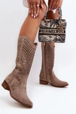 Sale Zazoo 3305/P Zamszowe Kozaki Do Połowy Łydki Ażurowe Cappucino