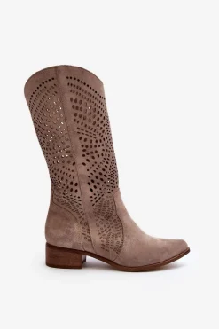 Sale Zazoo 3305/P Zamszowe Kozaki Do Połowy Łydki Ażurowe Cappucino