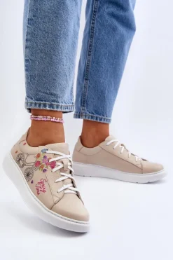 Buty Sportowe Na Platformie>Zazoo 024/TAMARA Damskie Sneakersy Skórzane Beżowe