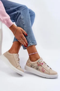 Buty Sportowe Na Platformie>Zazoo 024/TAMARA Damskie Sneakersy Skórzane Beżowe