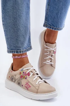 Buty Sportowe Na Platformie></noscript>Zazoo 024/TAMARA Damskie Sneakersy Skórzane Beżowe