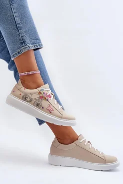 Buty Sportowe Na Platformie></noscript>Zazoo 024/TAMARA Damskie Sneakersy Skórzane Beżowe