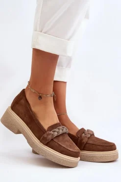 Sale 3429/W Damskie Zamszowe Mokasyny Z Ozdobą Brązowe Damskie Loafersy Damskie|Mokasyny Płaskie