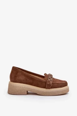 Sale 3429/W Damskie Zamszowe Mokasyny Z Ozdobą Brązowe Damskie Loafersy Damskie|Mokasyny Płaskie