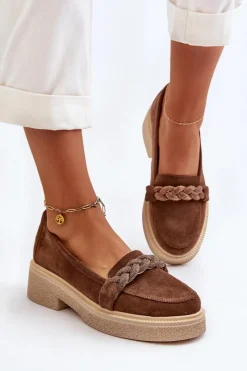 Sale 3429/W Damskie Zamszowe Mokasyny Z Ozdobą Brązowe Damskie Loafersy Damskie|Mokasyny Płaskie